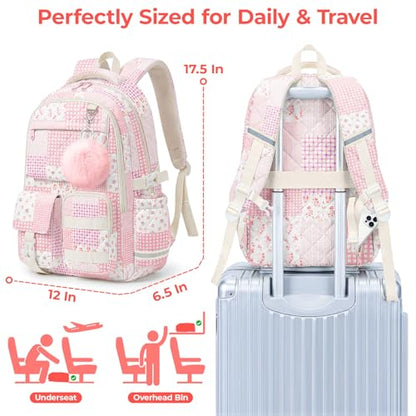Quilted Backpack for Teen Girls,Cute Pink Patchwork School Backpack with Multi-Pocket Design,Lightweight Cotton Bookbag Fits 15.6" Laptop,Large Capacity Aesthetic Backpack with Plush Charm - color: Pink Patchwork