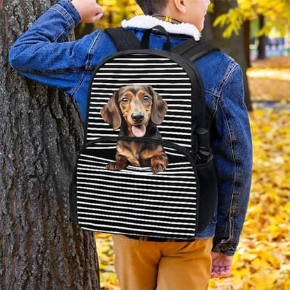 Talayituse Dachshund Stripe Print Bookbag Backpack for Kids Boys Girls Large Capacity Casual School Bags with Bottle Holder Pocket and Adjustable Strap 17 Inch Travel Daypack Back To School Bookbag - color: Dachshund Stripe