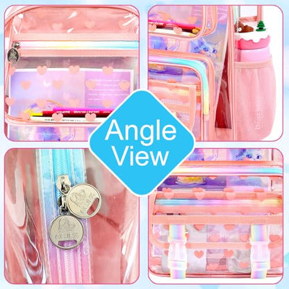KLFVB 3PCS See Through Backpack Heavy Duty, Girls Clear School Bag Set, Cute Transparent Bookbag for Women - Heart Love Deep Pink - color: Heart Love Deep Pink Clear Backpack