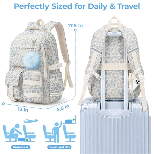 Quilted Backpack for Teen Girls, Cute Blue Floral School Backpack with Multi-Pocket Design, Lightweight Cotton Bookbag Fits 15.6" Laptop, Large Capacity Aesthetic Backpack with Plush Charm - color: Blue Floral