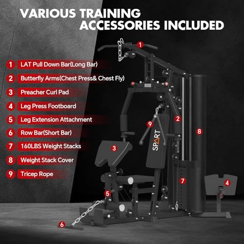 SPART Home Gym Station,Multifunctional Home Gym Workout Equipment,with 160LBS Weight Stack for Leg Press & Chest Fly, All in One Exercise Equipment Full Body Strength Training with Pulley System - color: Black, style: Fabric Cover
