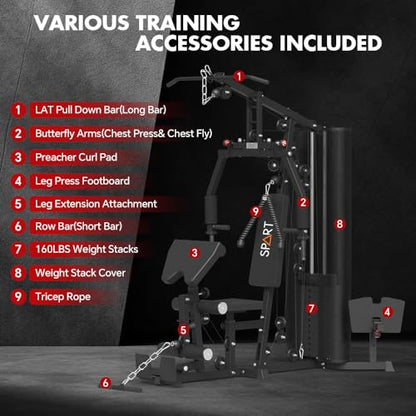 SPART Home Gym Station,Multifunctional Home Gym Workout Equipment,with 160LBS Weight Stack for Leg Press & Chest Fly, All in One Exercise Equipment Full Body Strength Training with Pulley System - color: Black, style: Fabric Cover