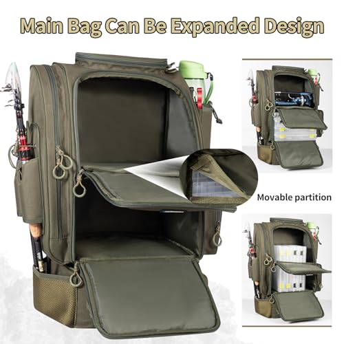BLISSWILL Large Fishing Backpack with Cooler for 3 Tackle Boxes - Fishing Bag with Rod Holders for Camping and Hiking - color: Army Green
