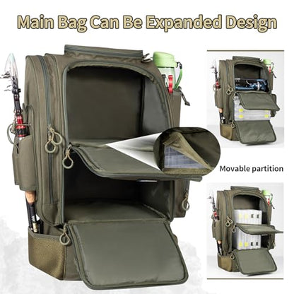 BLISSWILL Large Fishing Backpack with Cooler for 3 Tackle Boxes - Fishing Bag with Rod Holders for Camping and Hiking - color: Army Green