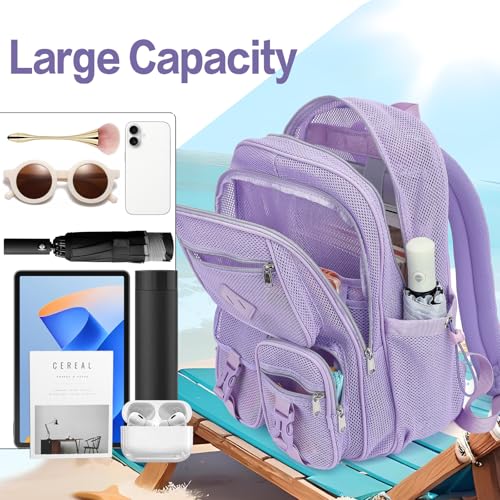 Purple Mesh Backpack for Girls Boys, Mesh Bookbags Heavy Duty Semi-Transparent School Bag for College, Travel, Beach, Swimming, Sports - color: Purple
