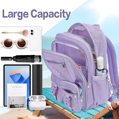 Purple Mesh Backpack for Girls Boys, Mesh Bookbags Heavy Duty Semi-Transparent School Bag for College, Travel, Beach, Swimming, Sports - color: Purple