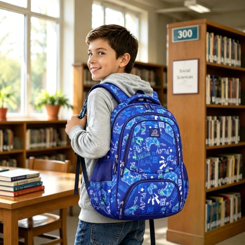 MYGOO Boys School Backpack Doubleday Gamer Blue Bookbag for Elementary Middle School Ages 5-12, 17 inch Large Capacity 24L Kids Student Travel Bags - color: Doubleday Gamer Blue