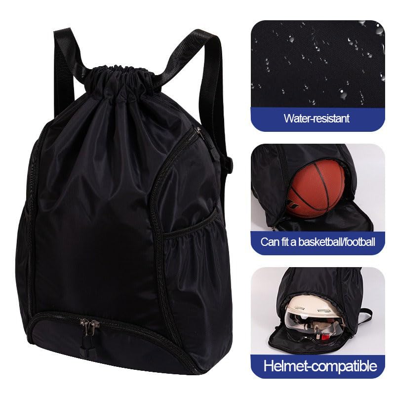 Drawstring Backpack Gym Bag with Front Zipper Pocket & Side Compartments, Adjustable Shoulder Straps for Commute Gym Travel, Daily Essentials Fitness Gear Organizer, Black