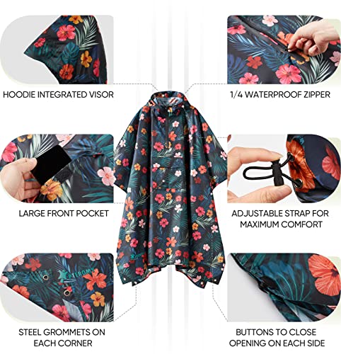 PTEROMY 3-in-1 Hooded Rain Poncho for Adult with Pocket, Waterproof Lightweight Unisex Raincoat for Hiking Camping Emergency - color: Blossom Season 1/4 Zipper