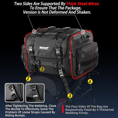 Rhinowalk Motorcycle Tail Bag, Expandable Motorcycle Travel Luggage Bags 80L, Waterproof All-Weather Trunk Rack Bag with Sissy Bar Straps & Helmet Rain Cover-Black - color: Black 60-80L