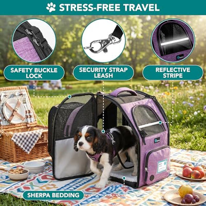 PetAmi Expandable Dog Backpack Carrier for Cats & Pets, Breathable Cat Carrier Backpack with Top Window & Multi-Entry, Ventilated Foldable Travel Carrier for Small Medium Pets up to 18 lbs, Purple - color: Purple