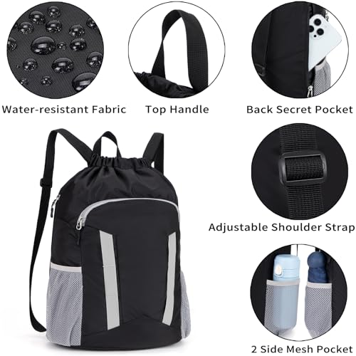 Drawstring Backpack Bag, Sport Gym Sackpack with Shoes Compartment - color: Black