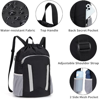 Drawstring Backpack Bag, Sport Gym Sackpack with Shoes Compartment - color: Black