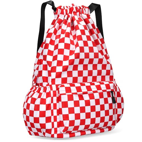 Drawstring Backpack for Women Drawstring Gym Bag Water Resistant Small Cinch Sack Pull String Backpack Bag (Checkered-Pink) - color: Checkered-pink