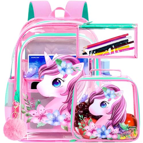UFNDC 3PCS Clear Backpack for Girls and Boys, Unicorn Cat Transparent Bookbag, See Through School Bag for Kids Elementary - color: Uv Printing Butterfly Unicorn Clear Backpack