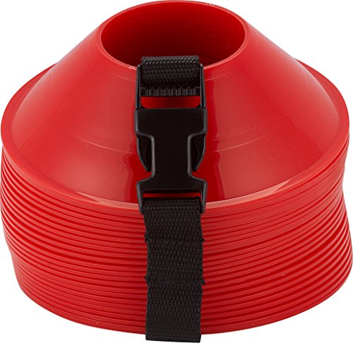 American Challenge Mini Disc Cones – Set of 25 Agility Cones for Sports Training – Compact Soccer Cones with Carry Strap for Drills & Practice - color: Red (25 mini cones)