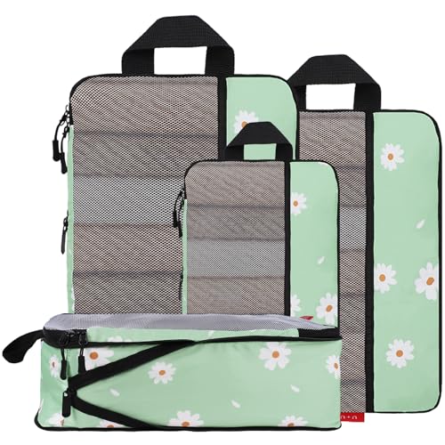 U+U 4 Set Compression Packing Cubes - Ultralight Travel Organizers, Space-Saving Suitcase Organizer, Expandable Packing Cubes for Travel, Business Trip and Family Vacation (Daisy) - color: Daisy, size: 4 Set