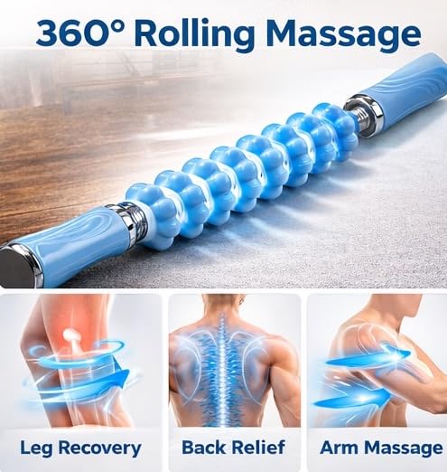 Muscle Roller Massage Stick, Blue, 18 Inch, for Deep Tissue Relief, Recovery and Soreness, Ergonomic Handles
