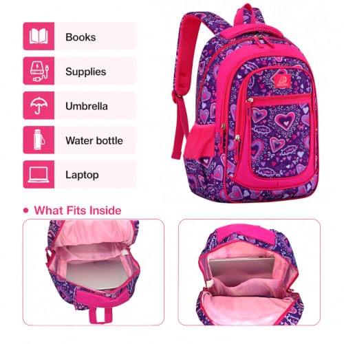 MYGOO Girls School Backpack Vineyard Heart Purple Bookbag for Elementary Middle School Ages 5-12, 17 inch Large Capacity 24L Kids Student Travel Bags - color: Vineyard Heart Purple