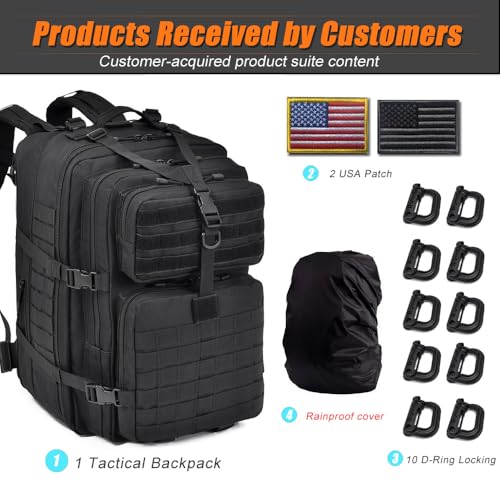 64L Large Tactical Backpack, Military Backpack, Molle Backpack, Tactical Bag, Hiking Daypacks (3, black)