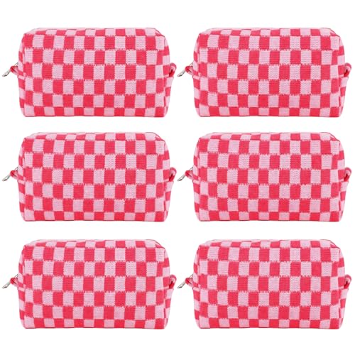 ZLFSRQ 6Pcs Checkered Pencil Case Cute Pencil Pouch for Teens Checkered Makeup Bag Pink Medium Travel Cosmetic Bag Makeup Pouch for Purse Aesthetic Trendy Zipper Toiletry Bags Organizer - color: Checkered 6Pcs M Pink