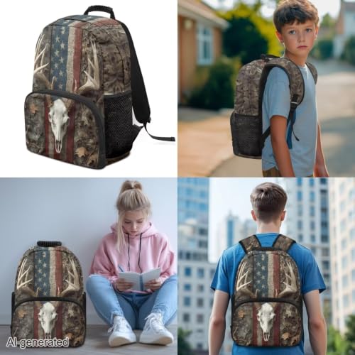 3pcs School Backpack Set With Lunch Box Pencil Case, Skull Deer 17 Inch Large Capacity Bookpacks 3 In 1 Set For Boys Girls - color: Skull Deer