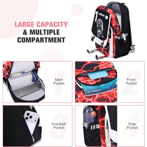 Bevalsa Backpack for Boys, Cool Luminous Boys Backpack with Sling Bag, Lunch Box & Pen Case, School Bags for Kids Children Teens Elementary Middle Schools, Bookbag Glow In The Dark (Red Lightning) - color: Red Lightning