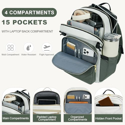 VANKEAN Laptop Backpack for Women (Beige-Army Green, 15.6 Inch) - color: Beige-army Green, size: 15.6 Inch