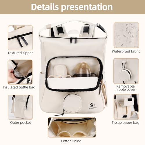 Diaper Bag Backpack with Changing Pad, Wet Dry Bag, Pacifier Case and Stroller Straps, Soft Cotton Lining, Baby Travel Bag for Moms and Dads（Beige） - color: Beige
