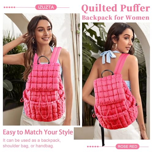 Quilted Puffer Backpack for Women, Lightweight Soft Nylon Quilted Hiker Pack Top Flap Drawstring Backpack, Trendy Puffy Padding Gym Travel Bag for Casual Daypack Hiking Sport (Rose Red) - color: Rose Red