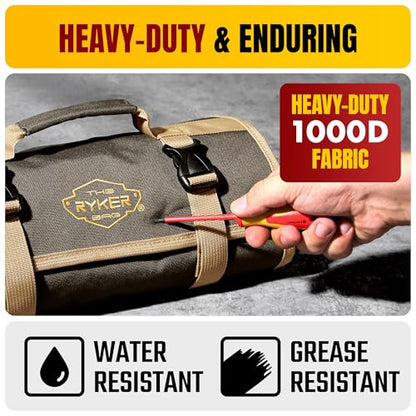 The Ryker Wrench Roll Up Bag Heavy-Duty Canvas Tool Organizer w/Clear PVC Wrench Cover, Heavy Duty Roll Up Tool Bag w/Multiple Pockets for Wrenches, Sockets, and Tools for Mechanics Gifts for Him - style: Wrench Roll Prtct