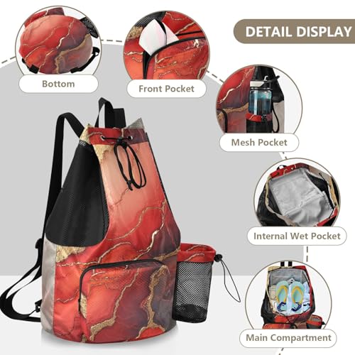 Drawstring Backpack Gym Sackpack With Pockets Cinch Pack Dry Wet Separation Marble Red Neutral - color: Color 27