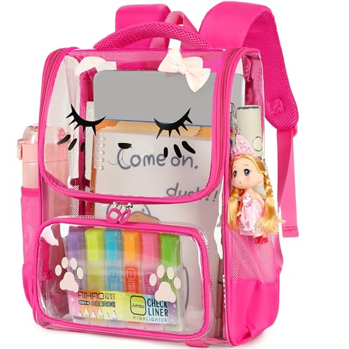 AO ALI VICTORY Clear Girls Backpacks Heavy Duty PVC Transparent Cute Backpack for Kids Toddler Girls Preschool Bookbags Elementary School Bag See Through Casual Travel Daypack,Rose Red - color: Rose Red