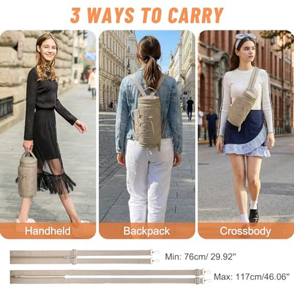 Nuovoware Small Sling Backpack, Sling Bag 25oz/32oz/40oz/50oz Water Bottle Carrier with Zippered Cap, 2 Pockets, Adjustable Shoulder Strap Carrier for Walking Traveling, Camel