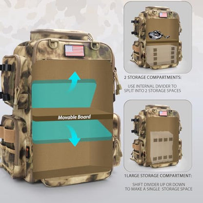 Fishing Backpack, Fishing Tackle Backpack with Rod Holders for 4 Boxes (Box Not Included) 45L Waterproof Fishing Gear, Ideal for Men and Women Large Tackle Box Bag (Sahara Khaki Camo) - color: Sahara Khaki Camo