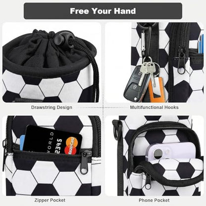 Water Bottle Holder with Strap, Water Bottle Carrier Bag with Phone Pocket, Shoulder Hand Strap Insulated Neoprene 32/40 oz Water Bottle Sleeve for Walking Hiking Camping Gym - color: 8 Soccer, size: under 32oz