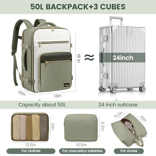 LOVEVOOK Travel Backpack For Women,50L Carry On Backpack Flight Approved,TSA Personal Item Travel Bag Fits 18 Inch Laptop,Business Weekender Overnight Daypack with Toiletry Bag and Cubes - color: Grey and White and Black, size: 18 Inch-50L-4Pcs