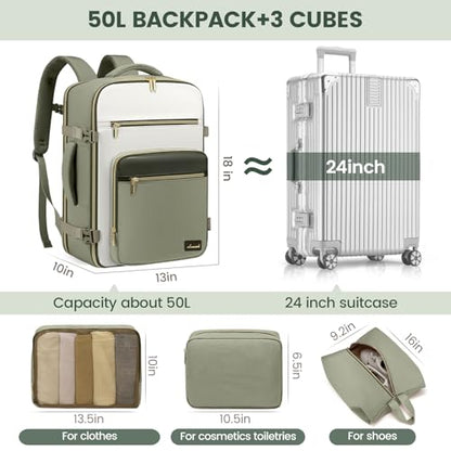 LOVEVOOK Travel Backpack For Women,50L Carry On Backpack Flight Approved,TSA Personal Item Travel Bag Fits 18 Inch Laptop,Business Weekender Overnight Daypack with Toiletry Bag and Cubes - color: Green and White, size: 18 Inch-50L-4Pcs