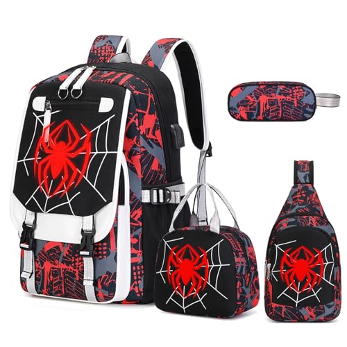 Bevalsa Backpack for Boys, Cool Luminous Boys Backpack with Sling Bag, Lunch Box & Pen Case, School Bags for Kids Children Teens Elementary Middle Schools, Bookbag Glow In The Dark (Spider) - color: Spider