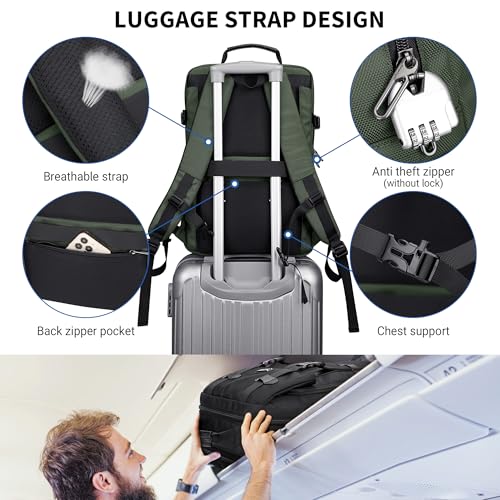 WITZMAN Travel Laptop Backpack for Men Fit 16 inch Computer Carry-on Airline Approved with USB Charging Port(B716 Army Green) - color: Army Green
