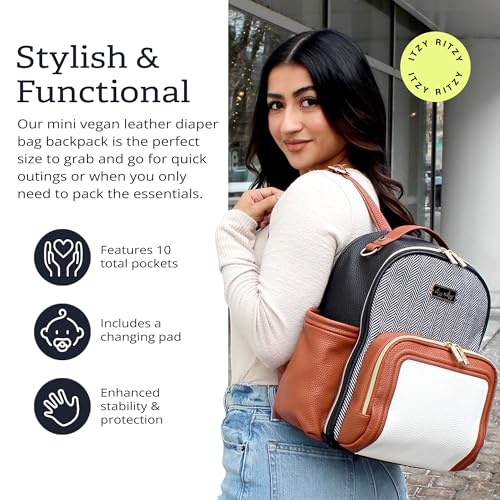 Itzy Ritzy Mini Diaper Bag Backpack – Chic, Compact Mini Plus Backpack with Changing Pad, 10 Pockets (6 Internal, 4 External), Grab-Top Handle & Rubber Feet (Coffee & Cream) - color: Coffee & Cream