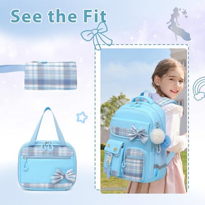 Alrisg Girls School Backpack Preppy Plaid Bookbag Lightweight Backpack for Girls Elementary Middle School Bow Blue Set - color: Blue, size: 17in Set