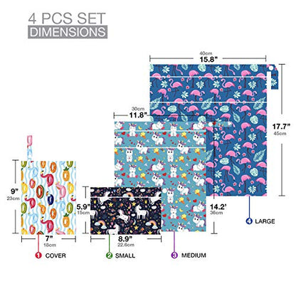 Waterproof and Reusable Wet Bag Diaper Stroller Water Resistant Swimsuit Travel Toiletries Yoga Gym Washable Carrier Small Medium Large Flamingo 4 Pack - color: Fantasy