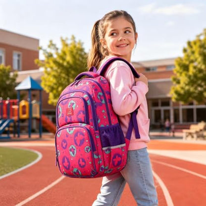MYGOO Girls School Backpack Campus Butterfly Magenta Bookbag for Elementary Middle School Ages 5-12, 17 inch Large Capacity 24L Kids Student Travel Bags - color: Campus Butterfly Magenta