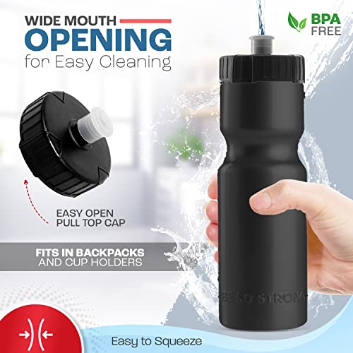 Bike Water Bottle Holder & Bottle Combo – 2-Pack 22 oz Sports Squeeze Bottles with Pull Top Cap & Easy-Install Bike Cage – Made in USA – 50 Strong Brand - color: Black Bottle + Cage