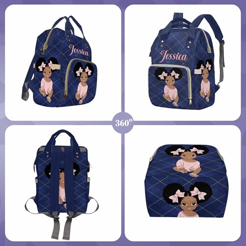 Newcos Personalized Blue Cloth Plaid Diaper Bag Backpack with Name Custom Afro Princess Mommy Nursing Baby Bags for Women,Customized Large Nappy Bags - color: 230112-14