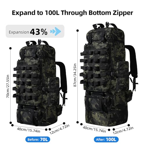 70L/100L Camping Hiking Backpack with Rain Cover, Expandable Large Military Tactical Backpack, Waterproof Molle Racksack Travel Backpacking Daypack for Climbing Trekking (Black CP) - color: Black Cp