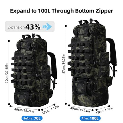 70L/100L Camping Hiking Backpack with Rain Cover, Expandable Large Military Tactical Backpack, Waterproof Molle Racksack Travel Backpacking Daypack for Climbing Trekking (Black CP) - color: Black Cp