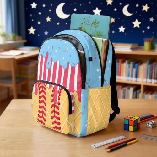Suobstales Baseball Ice Cream Star Drip Print Backpack for Kids Girls Boys, Large Capacity School Backpack Bookbag Lightweight Casual Daypack with Adjustable Shoulder Strap for Travel Hiking School - color: Baseball Ice Cream Star Drip