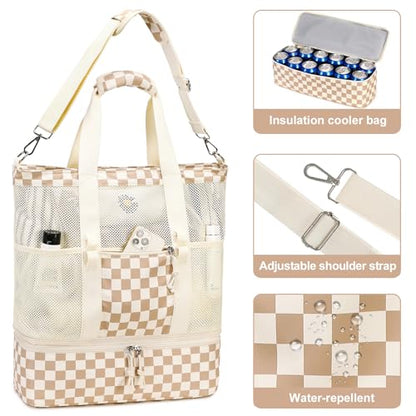 Bluboon Mesh Beach Tote Bag with Cooler Compartment Insulated Detachable Picnic Bag with Zipper and Pocket Pool Bag for Women - color: A-brown White Grid